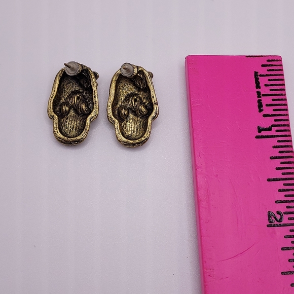 Day Of The Dead Earrings Small Skull Pink Flower Bronze Tone Fashion Pierced Ear - Picture 3 of 4